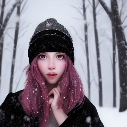 Image similar to a pink and black haired girl wearing a beanie in the snow, digital art, 8 k resolution, unreal engine, highly detailed, pretty face, very beautiful face, very detailed eyes, photorealistic by wlop, greg rutkowski