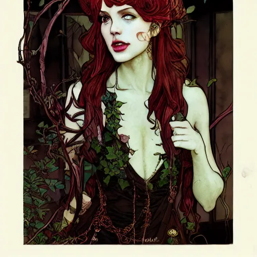 Image similar to a beautiful and detailed matte painting of a poison ivy dressed casually in clothes from hot topic, food court in a mall, dark eyeliner, intricate, elegant, highly detailed, digital painting, artstation, concept art, matte, sharp focus, illustration, art by rebecca guay and by arthur rackham and by alphonse mucha and by john william waterhouse