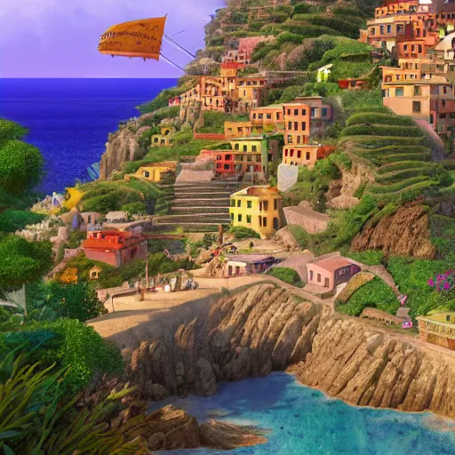 Image similar to pixar 3D render, by studio ghibli, (french bande dessinée), fantasy setting, mediterranean landscape, quaint village, cinq terre, highly detailed, luminous, style by moebius, concept art, unreal engine