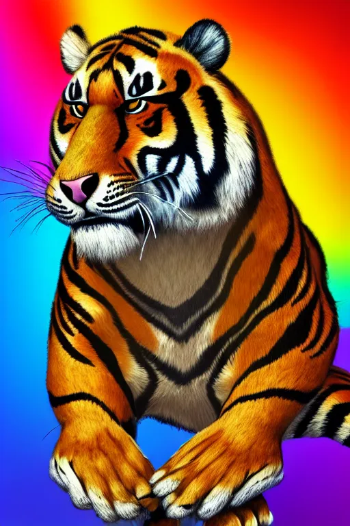 Image similar to Male anthropomorphic Furry Tiger as Police ,fullbody, Rainbow Background, 8k Photo Realistic