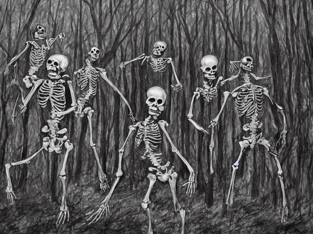 Prompt: frightened screaming human skeletons being chased by scp-106 in a dark forest at night, art by irina french, tom cross