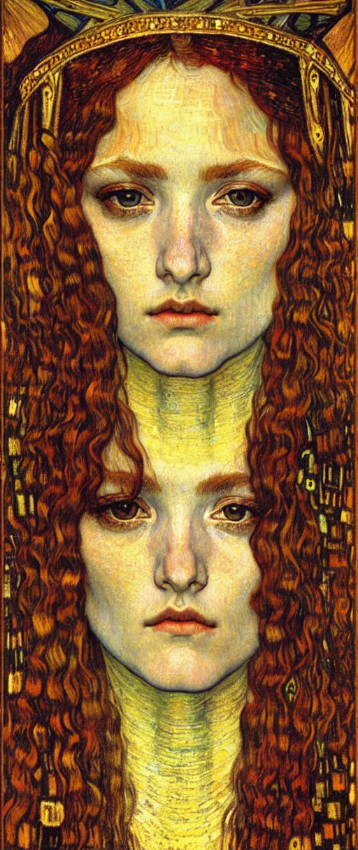 Image similar to detailed realistic beautiful young medieval queen face portrait by jean delville, gustav klimt and vincent van gogh, art nouveau, symbolist, visionary, gothic, pre - raphaelite, muted earthy colors, desaturated