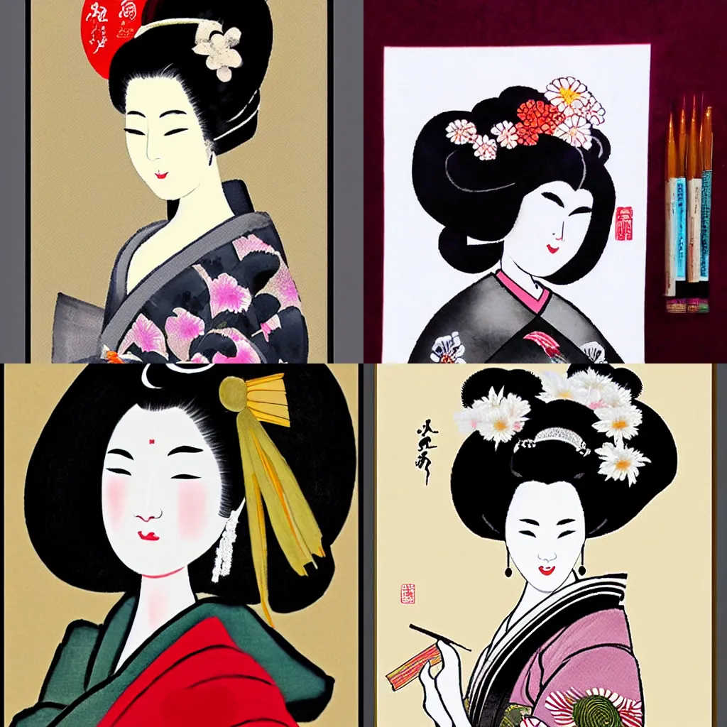 Prompt: a beautiful geisha in the style of sumi - e art