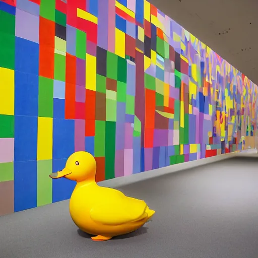 Image similar to wide shot, one photorealistic rubber duck in foreground on a pedestal in an cavernous museum gallery, metropolitan museum of art, the walls are covered with colorful geometric wall paintings in the style of sol lewitt, tall arched stone doorways, through the doorways are more wall paintings in the style of sol lewitt.