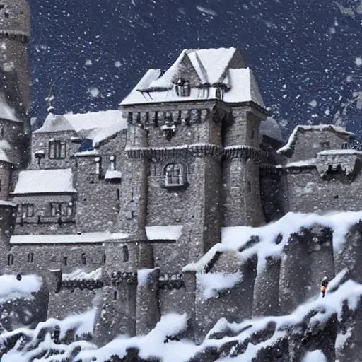 Image similar to A magnificent castle in a snow-covered mountainous landscape, highly detailed, close up, artstation, 100mm lens, by Sandro Boticceli