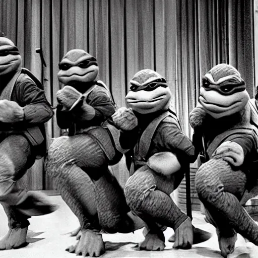 Image similar to fab four teenage mutant ninja turtles on the ed sullivan show black and white tv