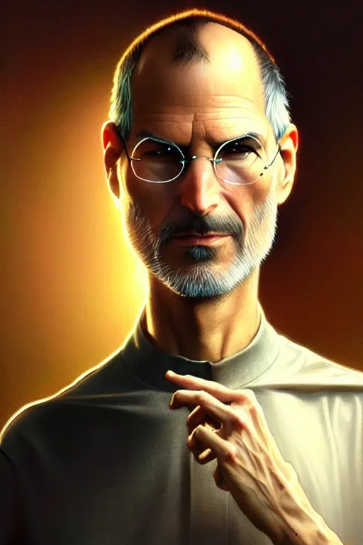 Image similar to ultra realistic illustration, steve jobs, sci - fi, fantasy, intricate, elegant, highly detailed, digital painting, artstation, concept art, smooth, sharp focus, illustration, art by artgerm and greg rutkowski and alphonse mucha