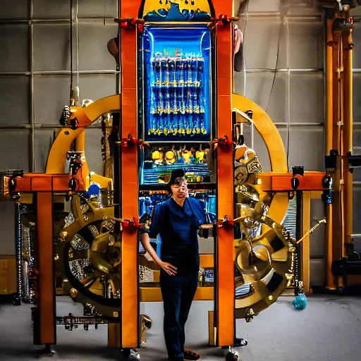 Prompt: a random pointlessly elaborate intricate contraption pneumatic machine with no apparent purpose, being operated by a scholarly looking man with a clear directed gaze, xf iq 4, f / 1. 4, iso 2 0 0, 1 / 1 6 0 s, 8 k, raw, unedited, symmetrical balance, in - frame