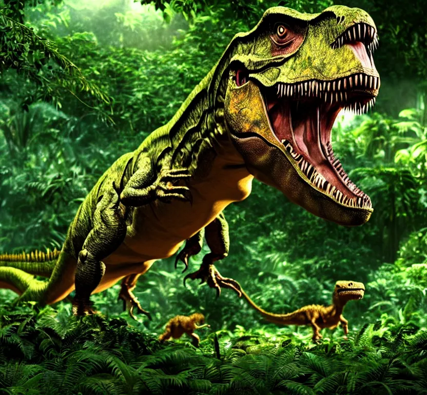 Prompt: jurassic park scene of t - rex dinosaur eating leaves from a tree branch in a vibrant mesozoic era jungle, illumination, detail, cinematic lighting, 4 k, jurassic world, vray render, one mouth only