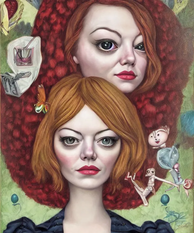 Image similar to portrait of Emma Stone in wonderland, lowbrow painting by Mark Ryden