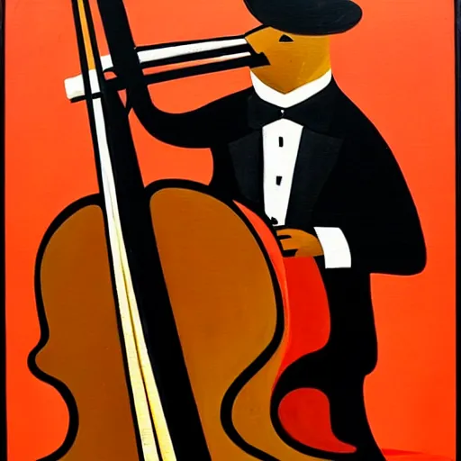 Prompt: An art deco painting of a pitbull playing an upright bass.