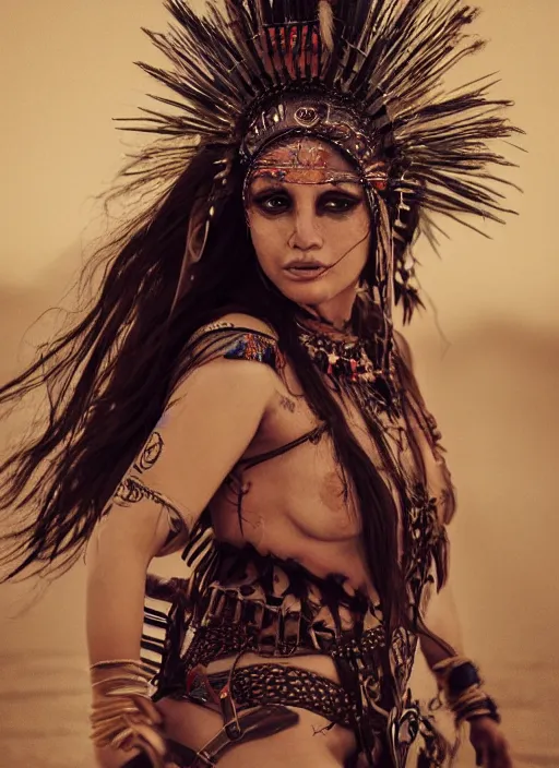 Image similar to hyper realistic photography portrait of coachella burningman pagan medieval tribal festival warrior curvy partygirl face cinematic, greg rutkowski