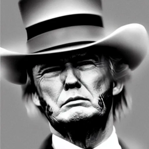 Image similar to an 1 8 0 0 s photo of donald trump playing the role of clint eastwood, squinting at high noon, in the style of a clint eastwood movie, the good, the bad and the ugly, clint eastwood, vibe, donald trump, glory days, mount rushmore, stern, resolve, formal, justice, american flag, independence, patriotism