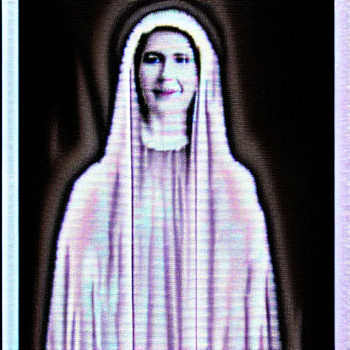 Image similar to vhs static overlay of marian apparition, vhs, 1 9 9 0, highly realistic, highly detailed, vhs noise static, black and white, vhs glitch