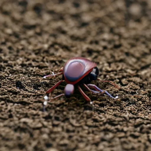 Image similar to a tiny robot ant drone on someone's head. macro photograph from 8 feet in distance.