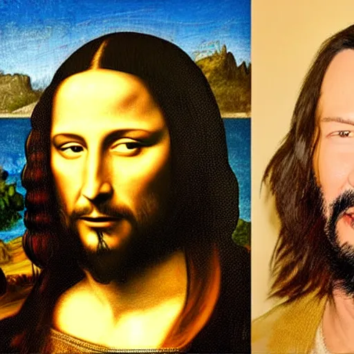 Image similar to painting of keanu reeves with beard in the style of mona lisa, painting by leonardo da vinci