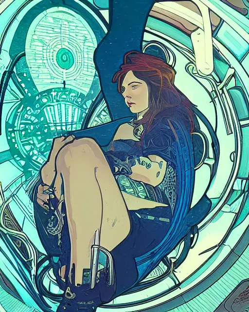 Prompt: cyberpunk illustration of woman inside a sleeping capsule, realistic, sharp shapes, blue glow, alphonso mucha and greg kutkowski, mysterious lighting, masterpiece