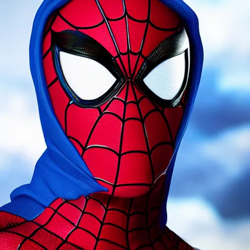 Prompt: fully red spider-man with blue hoodie, 4k realistic photo