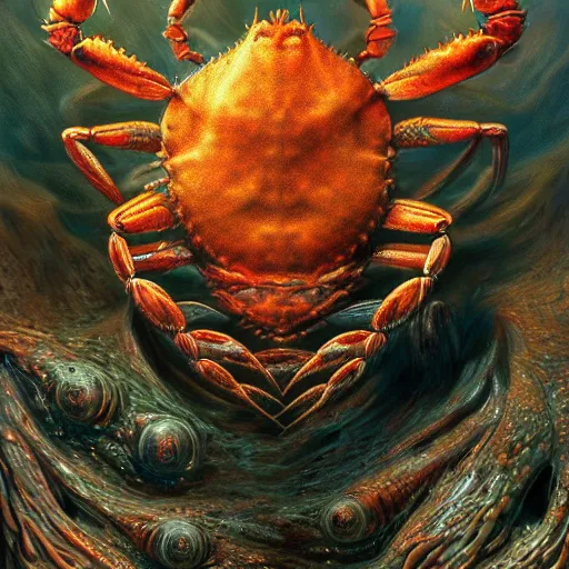 Prompt: photorealistic crab demon in the style of michael whelan and gustave dore. hyperdetailed photorealism, 1 0 8 megapixels, amazing depth, glowing rich colors, powerful imagery, psychedelic overtones, 3 d finalrender, 3 d shading, cinematic lighting, artstation concept art