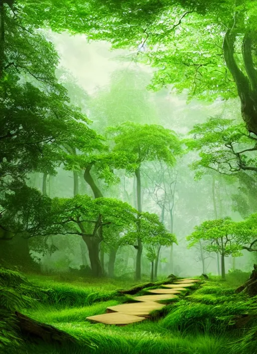 Prompt: a wooden path in the middle of a lush green forest, a detailed matte painting by john eyre, shutterstock contest winner, magical realism, enchanting, matte painting, mystical