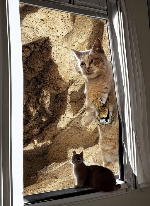 Image similar to cat is inside a window and is watching a martian landscape