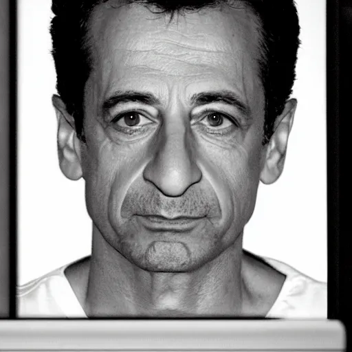 Prompt: mugshot portrait of Nicolas Sarkozy, heavy grain, high contrast black and white, low quality video camera security night vision