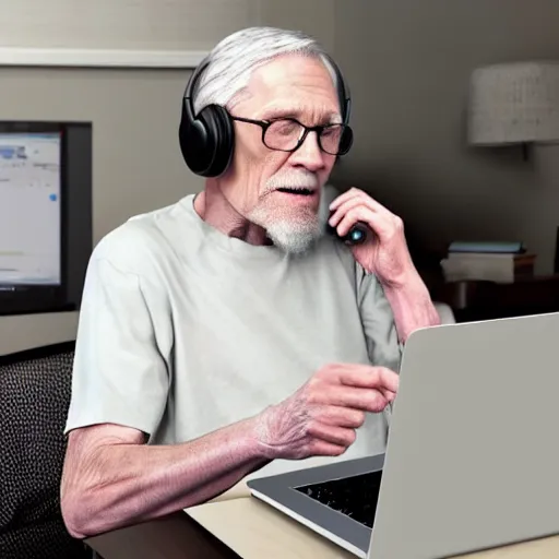 Image similar to A colored colorized real screenshot of Jerma985 as an elderly guy streaming on his computer while wearing headphones, taken in the early 2020s, taken on a 2010s Camera, realistic, hyperrealistic, very realistic, very very realistic, highly detailed, very detailed, extremely detailed, detailed, digital art, trending on artstation, headshot and bodyshot, detailed face, very detailed face, very detailed face, real, real world, in real life, realism, HD Quality, 8k resolution, intricate details, colorized photograph, colorized photon, body and headshot, body and head in view