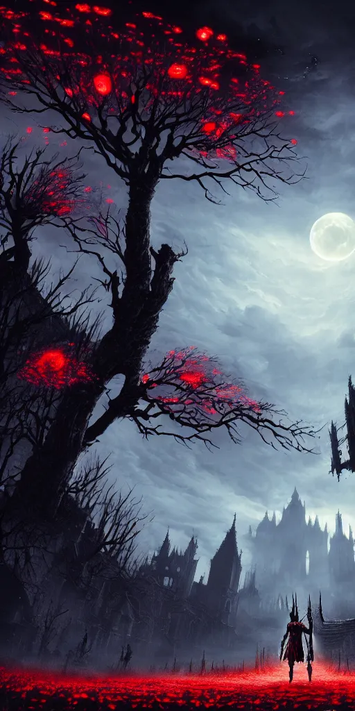 Image similar to populated bloodborne old valley with a obscure person at the centre and a ruined gothic city in the background, trees and stars in the background, falling red petals, epic red - orange moonlight, perfect lightning, wallpaper illustration by niko delort and kentaro miura, 4 k, ultra realistic