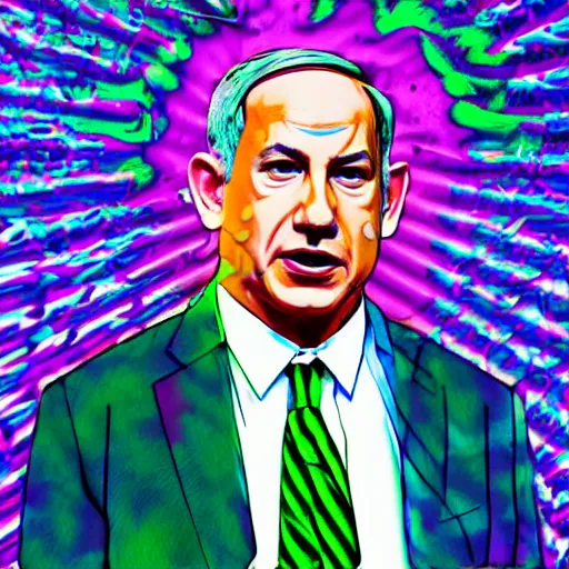 Image similar to portrait of benjamin netanyahu hallucinating on acid, psychedelic colors, sharp focus