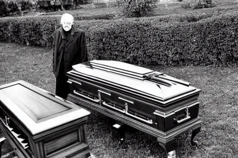 Image similar to a creepy old man playing a piano in the shape of a casket, with other caskets piled up in the back