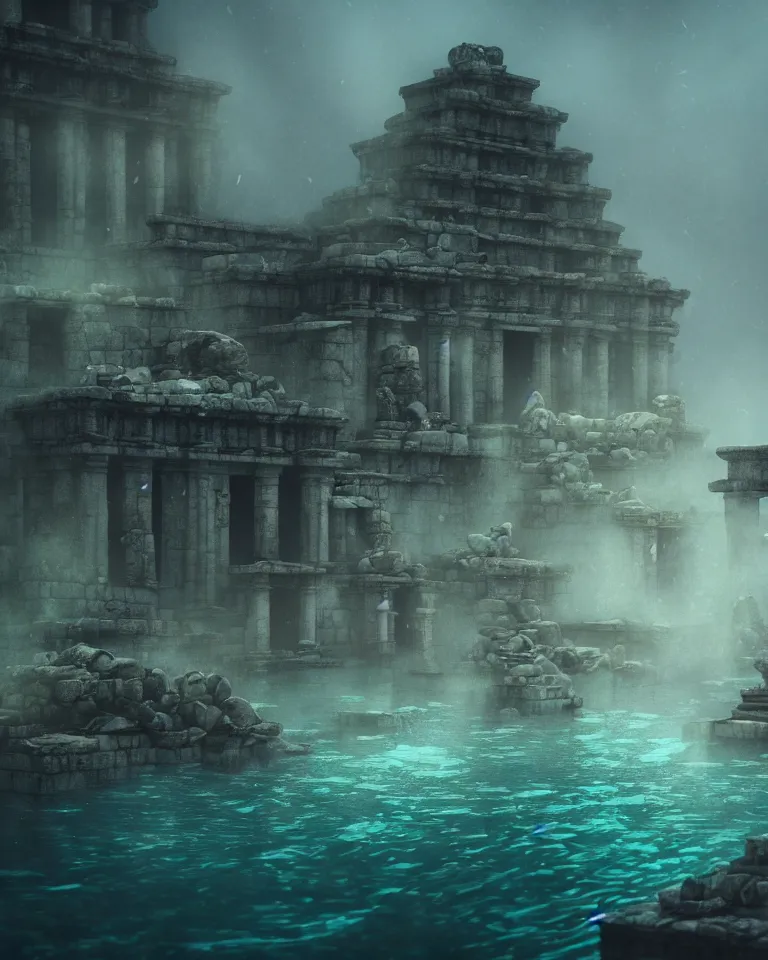 Image similar to full color, low wide shot of submerged pre - incan temple, underwater, statues, anime style mixed with fujifilm, dark, foggy, atmospheric, artstation, cgsociety, octane render, cgi, unreal engine 5, denoise, detailed, cinematic masterpiece