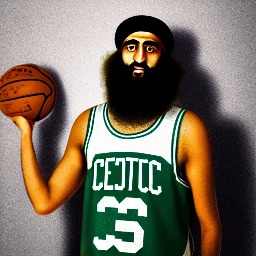 Image similar to facial portrait of osama bin laden shooting free throws, boston celtics jersey, wearing a headband, sweating, focused