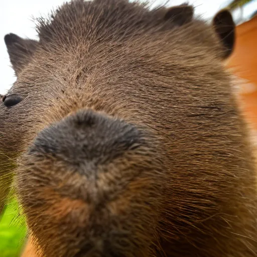 Prompt: capybara with it’s nose right into the camera, outdoors, ultra wide angle, fish eye photo