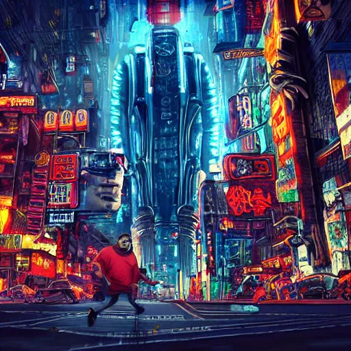 Image similar to giant with bitcoin head chasing people scared in cyberpunk city, cinematic composition, art by cointelegraph, hyper - detailed