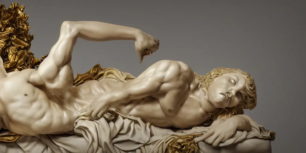 Image similar to baroque delicate full-body marble sculpture of reclining handsome horned teenage demon-boy laying back on a bed with his arm behind his head, gold silk flowing fabric,, Trending on artstation, octane render, cinematic, hyper realism, octane render, 8k, depth of field