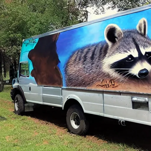 Prompt: raccoon graffiti on back of truck,