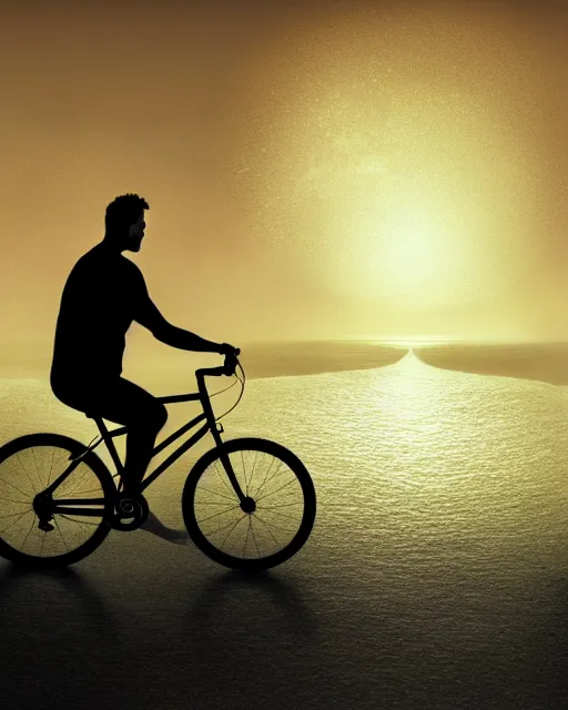 Prompt: photo of man riding a bicycle along the beach that is lit by glowing organisms underwater toward a lighthiuse in the distance, wide horizon, large white clouds, intricate, elegant, highly detailed, digital painting, artstation, concept art, smooth, sharp focus, illustration, art by artgerm and greg rutkowski and fra angelico