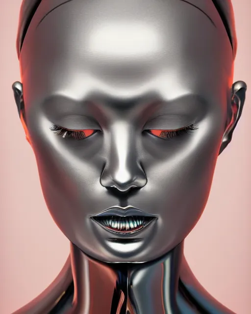 Prompt: realistic photo portrait of a metal woman with human head in the style of hajime sorayama, studio lighting, 1 5 0 mm