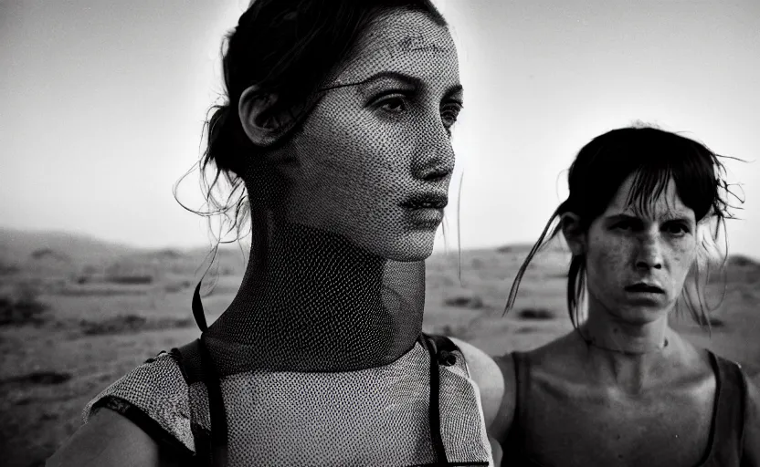 Image similar to cinestill 5 0 d photographic portrait by helen levitt of a white and mixed female android couple wearing rugged black mesh techwear on a desolate plain of america, extreme closeup, modern cyberpunk, dust storm, 8 k, hd, high resolution, 3 5 mm, f / 3 2, ultra realistic faces, intricate detail, ex machina