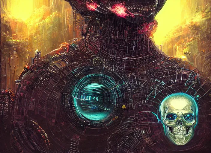 Image similar to a futuristic skull with glowing eyes and a wormhole tunnel, cyberpunk art by android jones