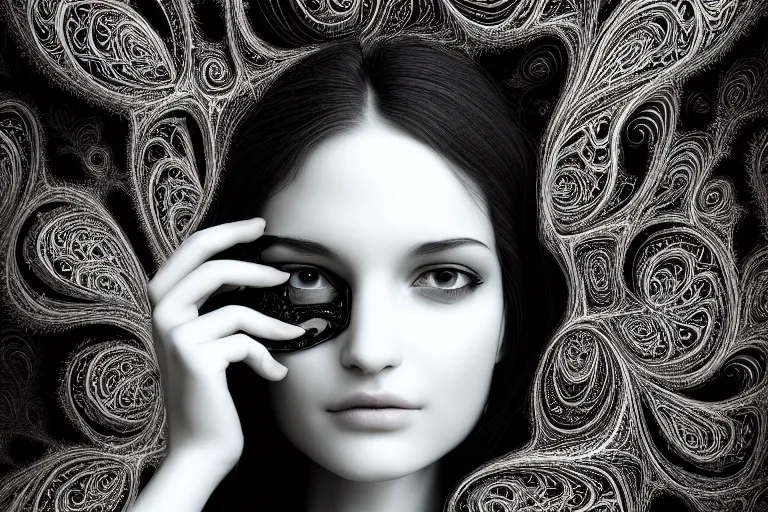 Image similar to portrait of a young beautiful woman with a mask. contemporary photograph, speed painting, fractal, mandelbulb. black and white. intricate, elegant, super highly detailed, professional digital painting, artstation, concept art, smooth, sharp focus, no blur, no dof, extreme illustration, Unreal Engine 5, Photorealism, HD quality, 8k resolution, cinema 4d, 3D, beautiful, cinematic, art by artgerm and greg rutkowski and alphonse mucha and loish and WLOP