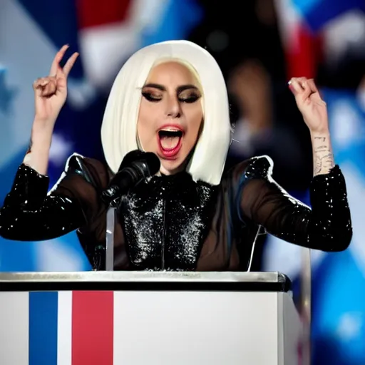 Image similar to Lady Gaga as president, Argentina presidential rally, Argentine flags behind, bokeh, giving a speech, detailed face, Argentina