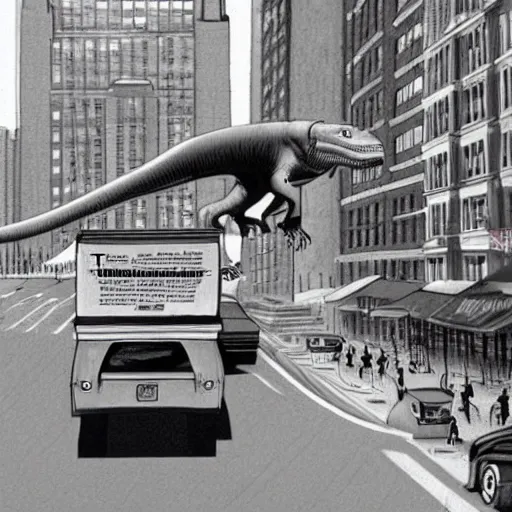 Prompt: animated tyrannosaurus skateboarding on a truck through new York City, cartoon, 1993, by amblimation, by universal pictures