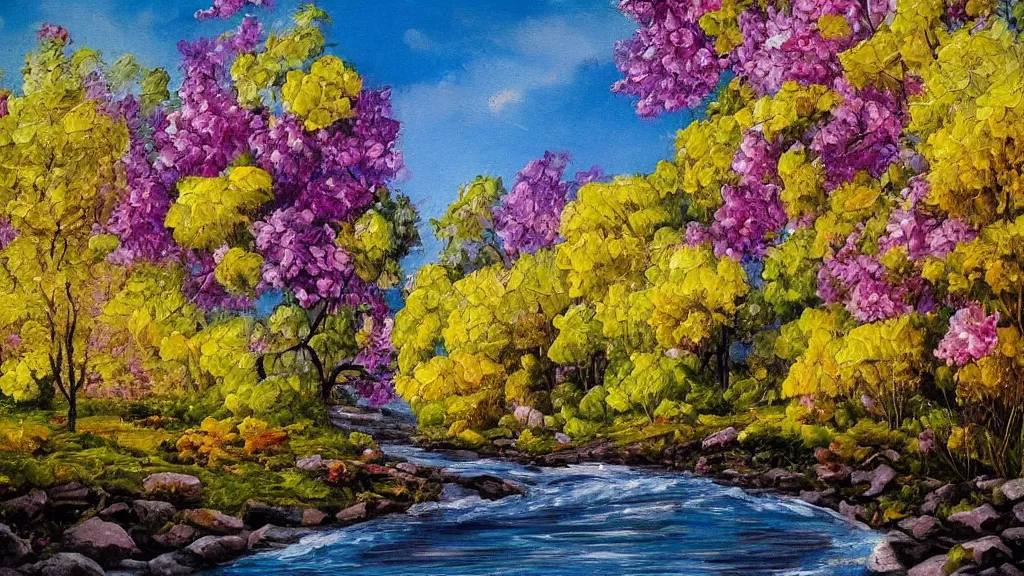 Prompt: A beautiful landscape oil painting of a hill with trees, some people are getting a shower in the river and some others are under the trees, the spring has arrived and the trees are blooming and covered with yellow, pink, purple and red flowers, the river come from the waterfall and is zigzagging and flowing its way, the river has lots of dark grey rocks, by Greg Rutkowski