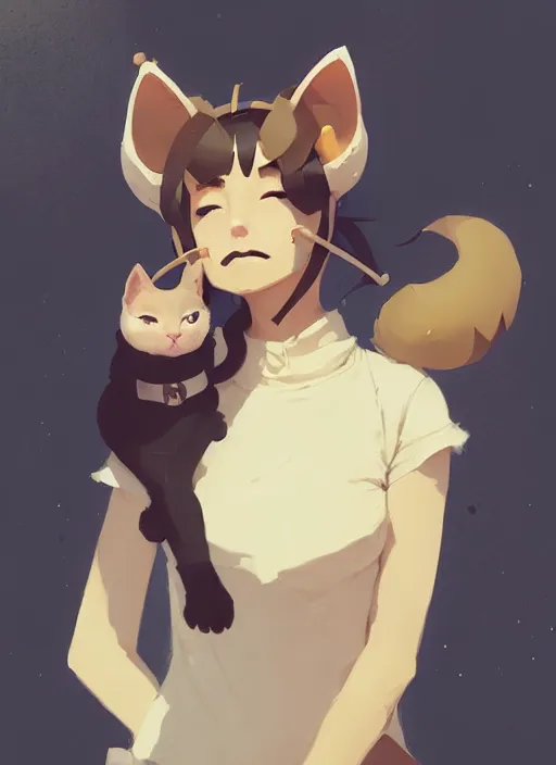 Prompt: portrait of cute catgirl with cat ears, by atey ghailan, by greg rutkowski, by greg tocchini, by james gilleard, by joe gb fenton, by in kaethe butcher, dynamic lighting, gradient light yellow, brown, blonde cream and white color in scheme, grunge aesthetic