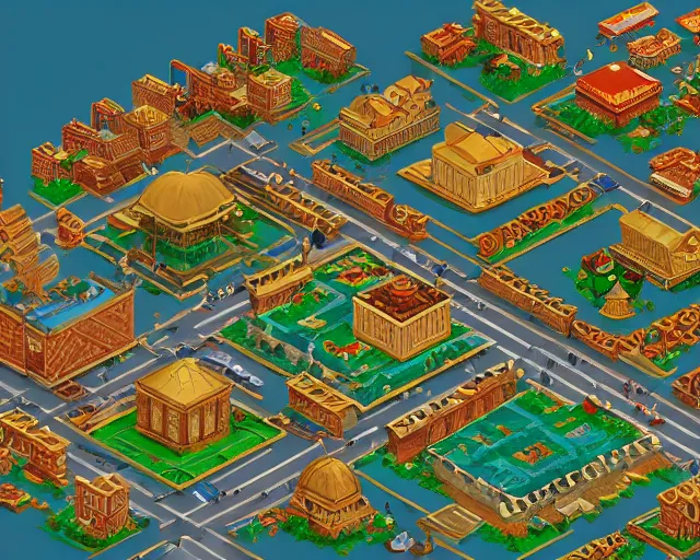 Prompt: biskek city!, isometric view, tall! rectangular building is located in the center of the city!, the tall building is surrounded by yurts, each yurt has water barrels on top of it, highly detailed digital! painting