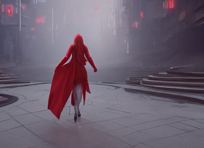 Image similar to glowing young woman carrying a red propaganda flag walking through beautiful futuristic city by Alexander Labas and Tatyana Yablonskaya and Viktor Tsvetkov, Unreal Engine 5, Lumen, Nanite, 85mm