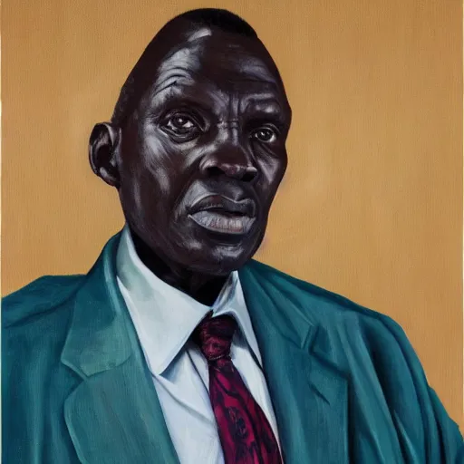 Prompt: a painting of a XXL wise elder from Kenya in a suit by Kehinde Wiley . Fatherly/daddy, focused, loving, leader, relaxed,. ethereal lights, details, smooth, sharp focus, illustration, realistic, cinematic, artstation, award winning, rgb , unreal engine, octane render, cinematic light, macro, depth of field, blur, red light and clouds from the back, highly detailed epic cinematic concept art CG render made in Maya, Blender and Photoshop, octane render, excellent composition, dynamic dramatic cinematic lighting, aesthetic, very inspirational, arthouse.