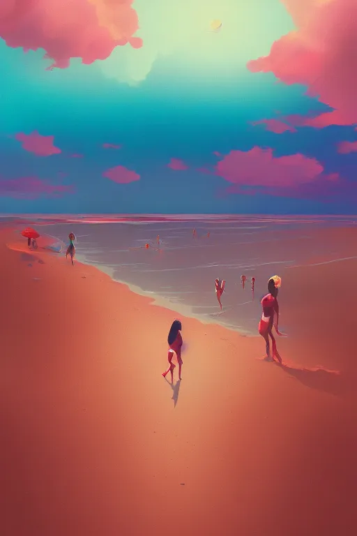 Prompt: red haired girl, bikini, crowded beach surreal photography, sunrise, dramatic light, impressionist painting, colorful clouds, digital painting, artstation, simon stalenhag