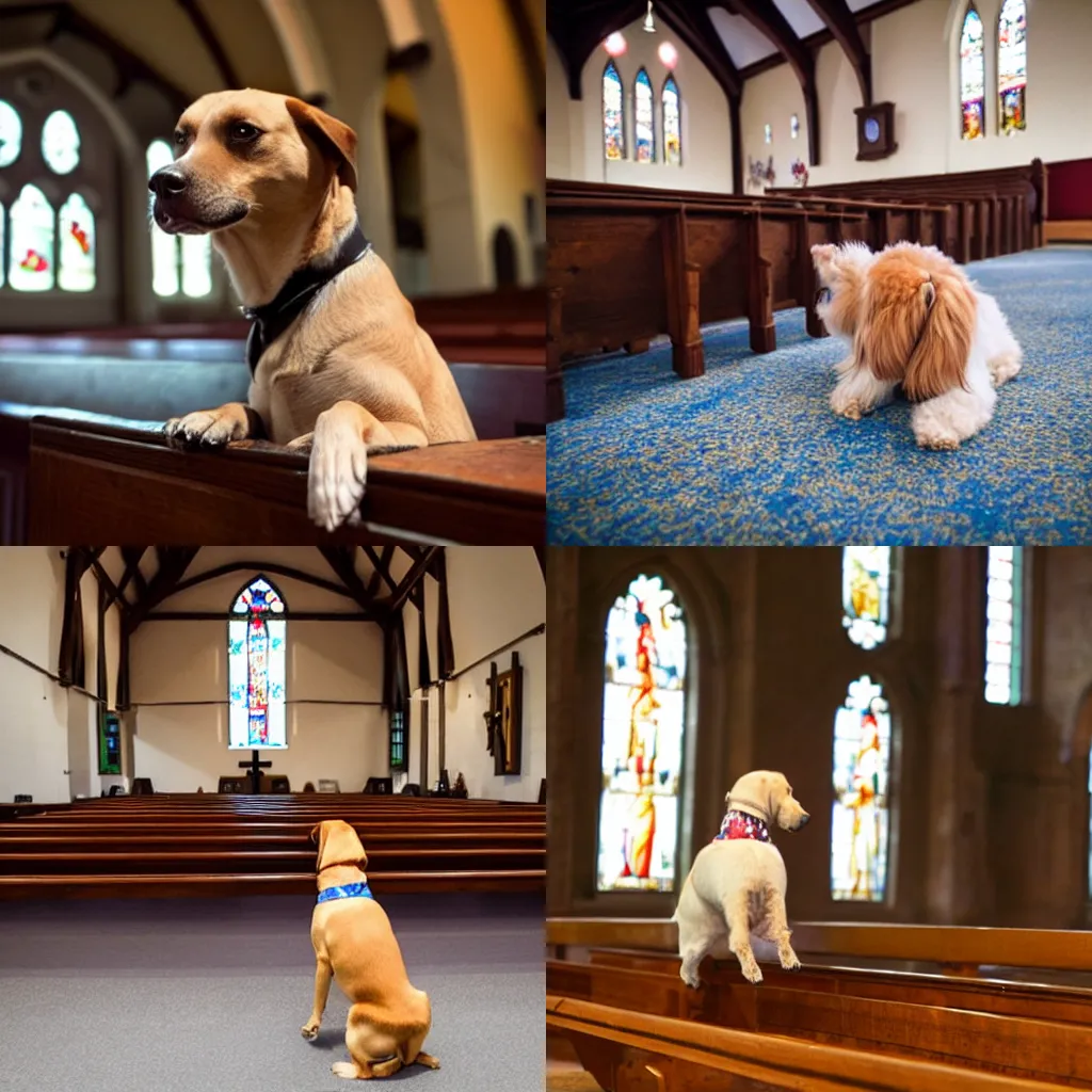 Prompt: A dog in church praying